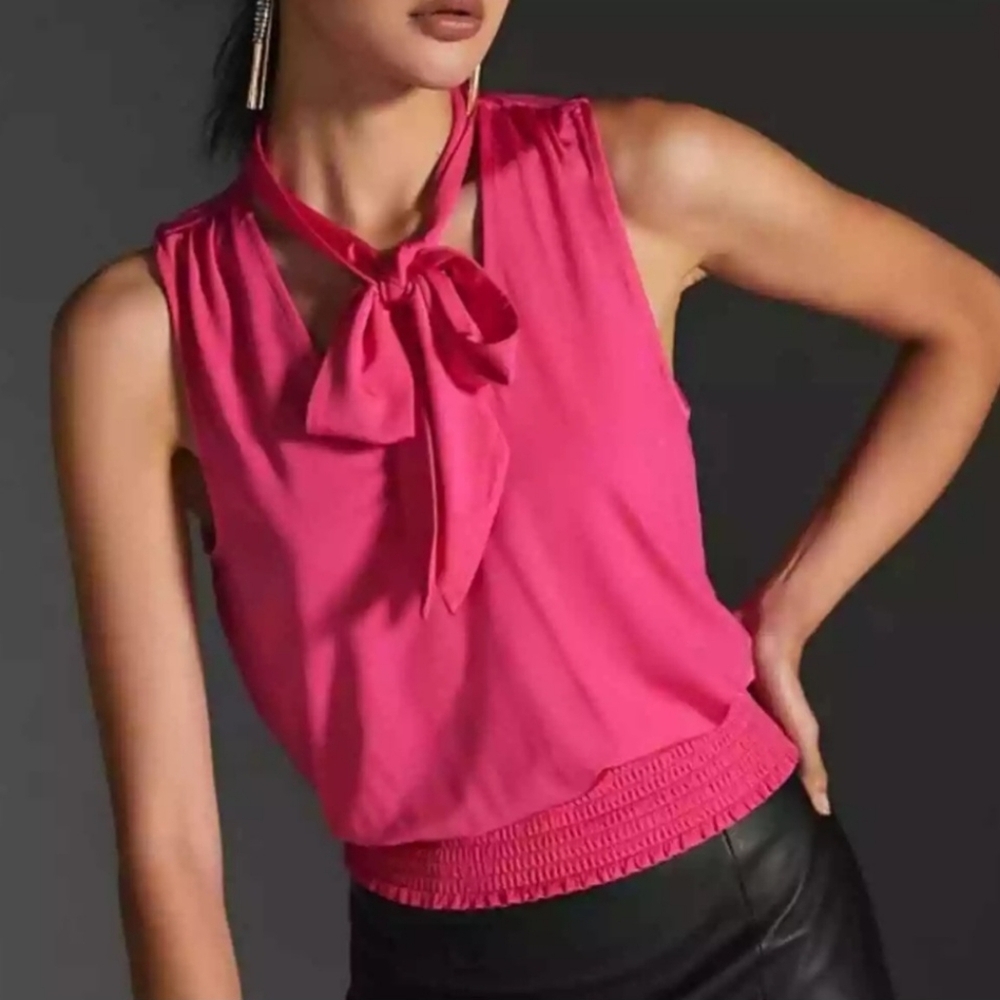 Anthropologie Ruffle Bow Tie Neck Rasberry Pink Sleeveless Blouse Size M